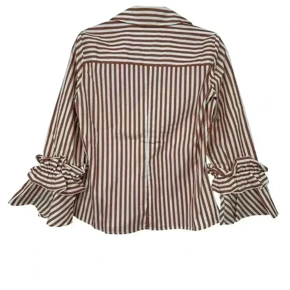 HARSHMAN SHIRT WOMEN’S XS BROWN STRIPED BUTTON DOWN FLARED SLEEVE COTTON NWT - Picture 11 of 13
